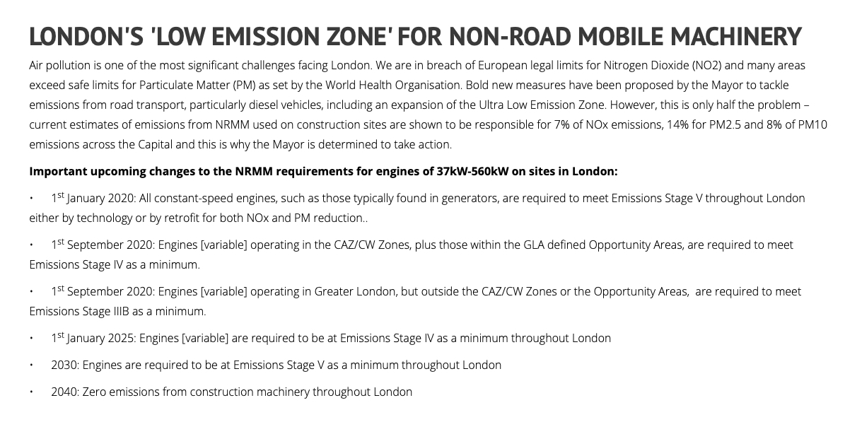 Londons Low Emission Zone for Non Road Mobile Machinery Dates